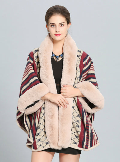 Knitted Shawl Cloak Imitation Rex Rabbit Fur Collar Cap