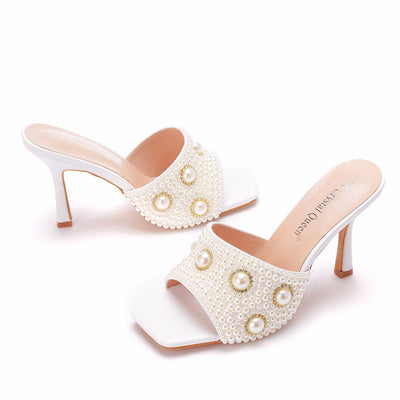 Square Pearl Beaded Chain High Heel Slippers