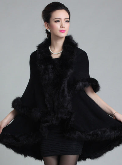 Knitted Double Cardigan Faux Fox Fur Shawl Cape