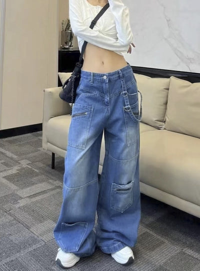 Low-waist Multi-pocket Wide-leg Jeans