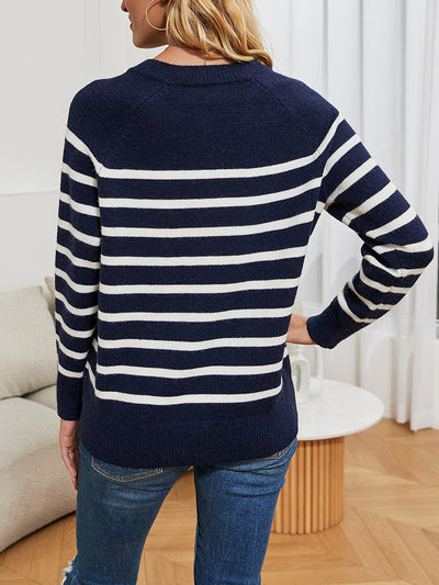 Women Striped Button Blouse Sweater