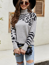 Loose and Long Turtleneck Leopard-print Sweater