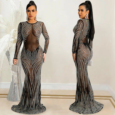 Sexy Hot Drilling Gauze Perspective Long Sleeve Dress