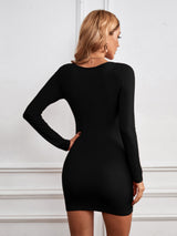 V-neck Long-sleeved Solid Color Dress