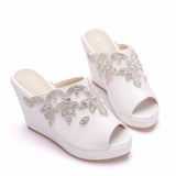 White Rhinestone Fish Mouth Wedge Slippers