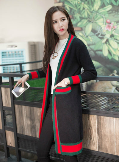 Long Sweater Coat Open Stitch V-neck Pockets 