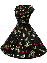 Fashion Cherry Print Cap Sleeve Vintage Dress