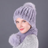 Rex Rabbit Fur Hat Scarf Winter Two-piece Set