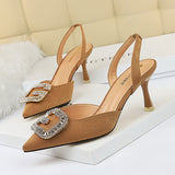 Shallow Pointed Suede Hollow Rhinestone Sandals