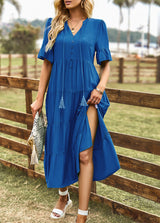 Loose Casual V-neck Solid Color Dress