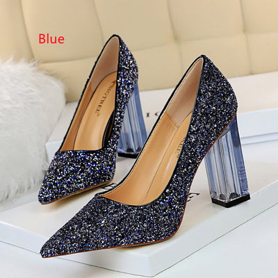 Transparent Crystal Thick Heel Sequins Shoes