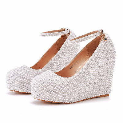 11cm Round Toe Wedge Pearl Wedding Shoes