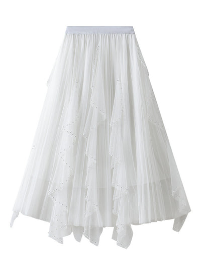 Nail Bead Irregular Ruffled Gauze Skirt