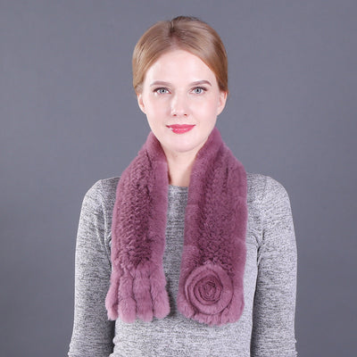 Female Rex Rabbit Hair Knitted Flower Fur Scarf