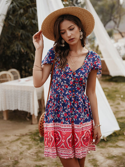 V-neck Holiday Casual Print Dress