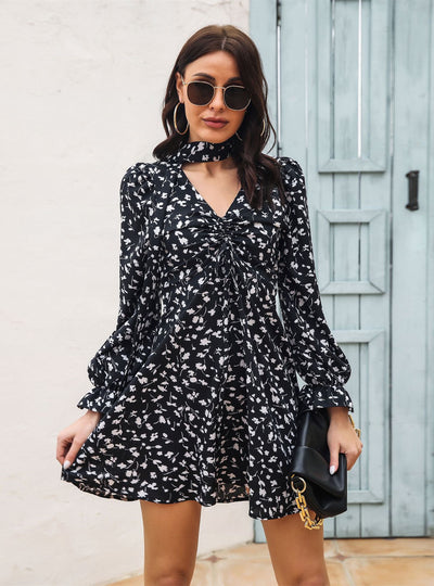 Drawstring V-neck Flared Sleeve Floral Printed Chiffon Dress