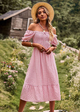 Leisure Holiday Off the Shoulder Plaid Dress