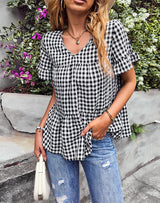 Short-sleeved Plaid Ruffled Blouse