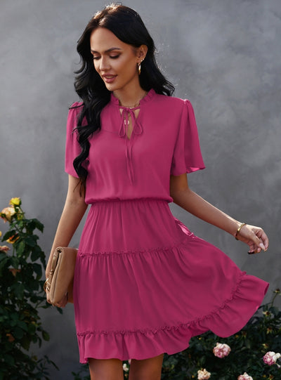 V-neck Silm Waist Ruffled Dress