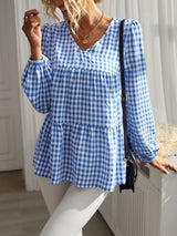 Loose Casual V-neck Plaid Top