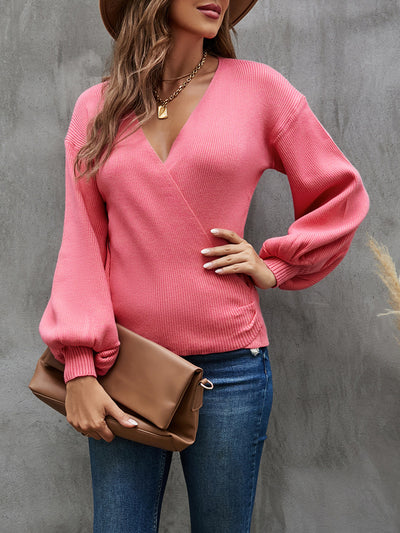 Women V-neck Lantern Sleeve Sweater