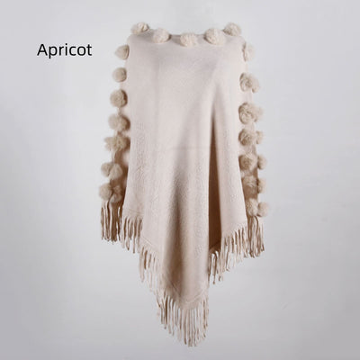 Fringed Fur Ball Round Collar Pullover Cape Shawl