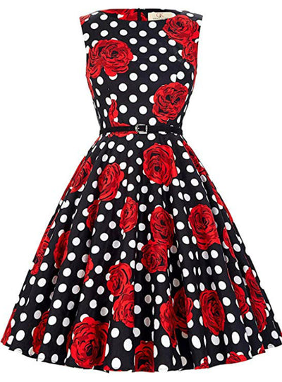 Black Wave Point Red Flower Tea Length Dress