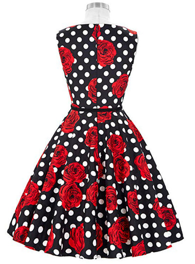 Black Wave Point Red Flower Tea Length Dress