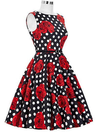 Black Wave Point Red Flower Tea Length Dress