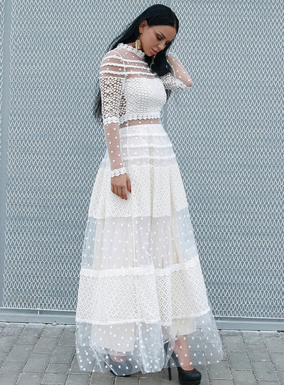 Long Sleeve Lace Mesh Wave Points Half High Neck Dress