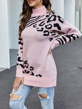 Loose and Long Turtleneck Leopard-print Sweater