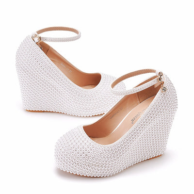 11cm Round Toe Wedge Pearl Wedding Shoes