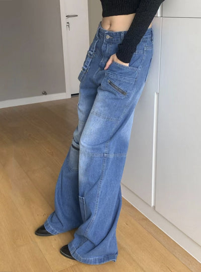 Low-waist Multi-pocket Wide-leg Jeans