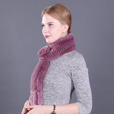 Female Rex Rabbit Hair Knitted Flower Fur Scarf