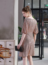 V-neck Long Sleeve Sequins Short Party Dress