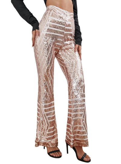 Women Sequined Hgh Waist Flared Wide Leg Pants