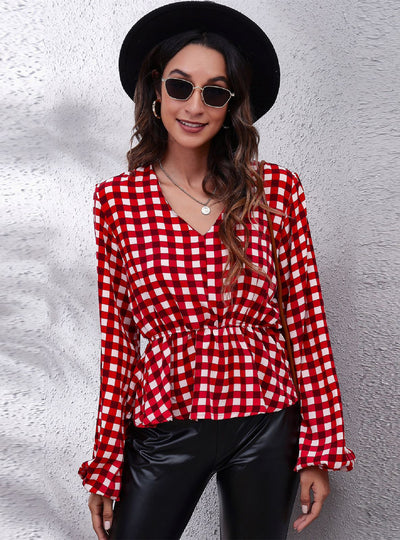 Lantern Waist V-neck Long-sleeved Chiffon Shirt