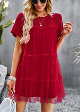 Mesh Stitching Round Neck Solid Color Dress