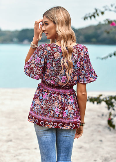 Retro V-neck Short Sleeve Printed Shirt