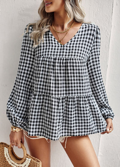 Loose Casual V-neck Plaid Top