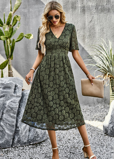 Silm Waist V-neck Lace Dress