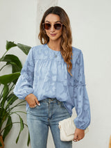 Lantern Sleeve Round Neck Pleated Shirt