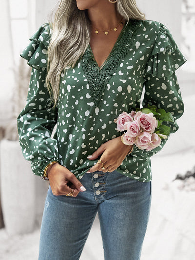 Printed Casual Lotus Leaf Sleeve Stitching Top