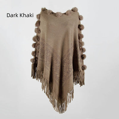 Fringed Fur Ball Round Collar Pullover Cape Shawl