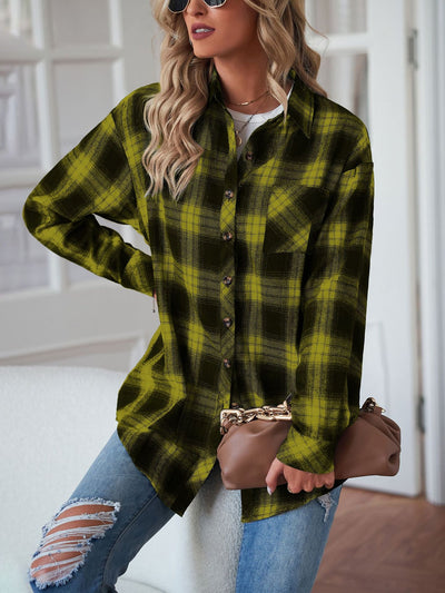 Lapel Long Sleeve Loose Plaid Shirt