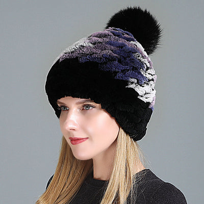 Women's Rex Fur Hat Fox Fur Ball Wool Hat