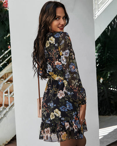 V-neck Long Sleeve Chiffon Printed Dress