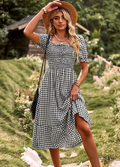 Leisure Holiday Off the Shoulder Plaid Dress