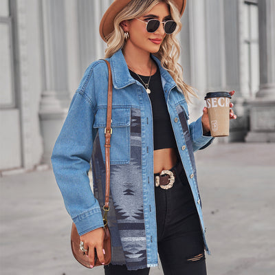 Loose Geometric Pattern Denim Splicing Jacket