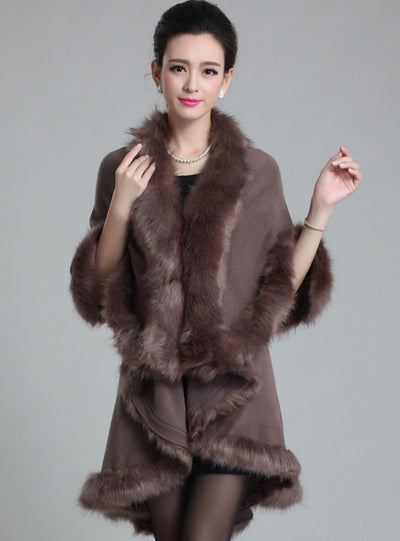 Knitted Double Cardigan Faux Fox Fur Shawl Cape